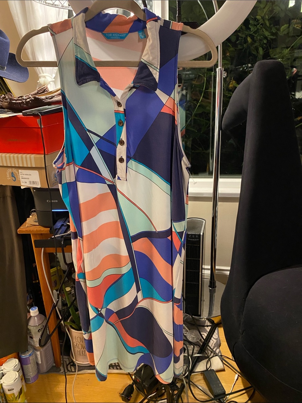 Tori Richard Sleeveless Geometric Print Mini Dress - Navy, Coral & Mint